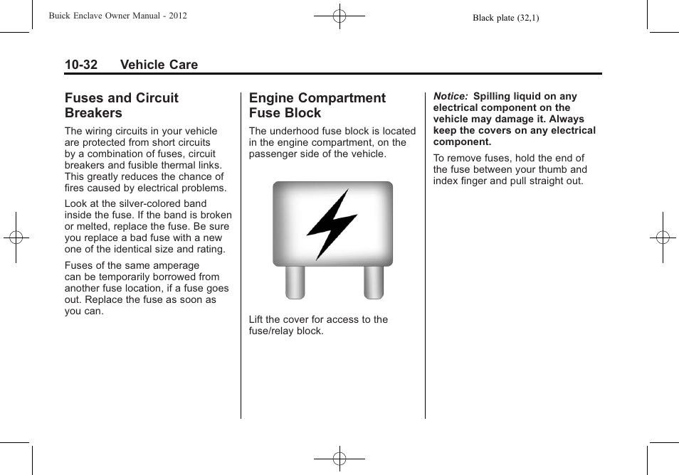 Fuses and circuit breakers, Engine compartment fuse block, Fuses and circuit | Breakers -32, Engine compartment fuse, Block -32 | Buick 2012 Enclave User Manual | Page 344 / 474