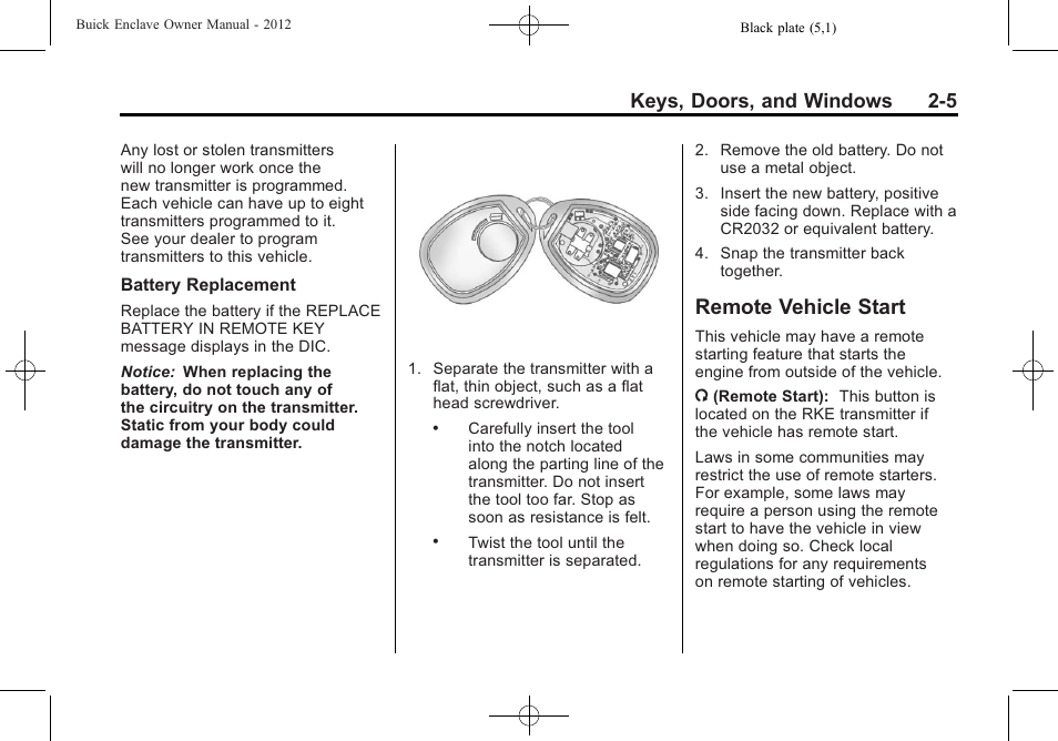 Remote vehicle start, Remote vehicle start -5, Folding | Keys, doors, and windows 2-5 | Buick 2012 Enclave User Manual | Page 35 / 474