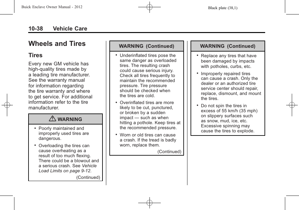 Wheels and tires, Tires, Wheels and tires -38 | Reporting safety defects -19, Tires -38, 38 vehicle care | Buick 2012 Enclave User Manual | Page 350 / 474