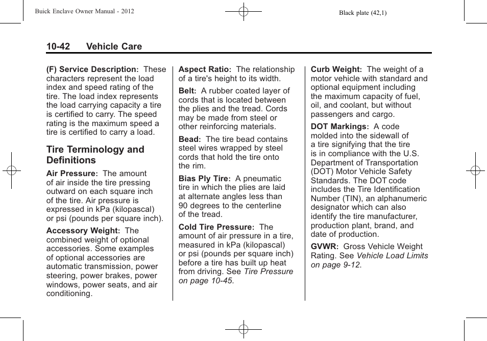 Tire terminology and definitions, Tire terminology and, Definitions -42 | Buick 2012 Enclave User Manual | Page 354 / 474