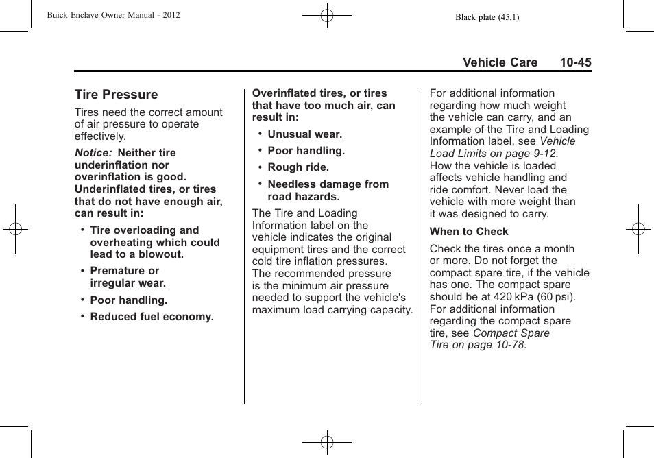 Tire pressure, Tire pressure -45, Vehicle care 10-45 | Buick 2012 Enclave User Manual | Page 357 / 474