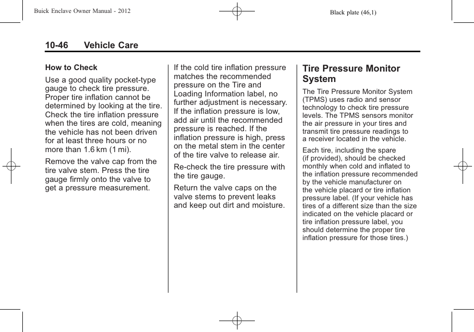 Tire pressure monitor system, Tire pressure monitor, System -46 | Buick 2012 Enclave User Manual | Page 358 / 474