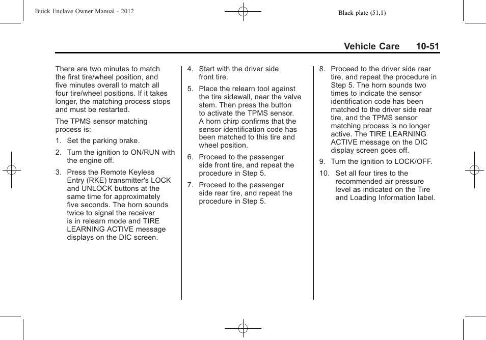 Vehicle care 10-51 | Buick 2012 Enclave User Manual | Page 363 / 474