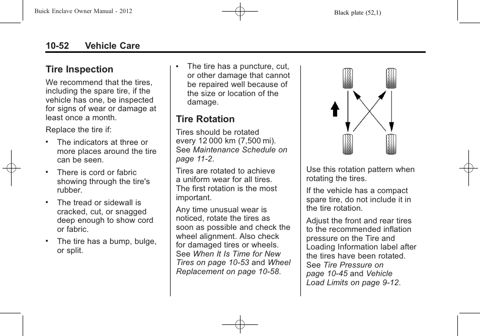 Tire inspection, Tire rotation, Tire inspection -52 tire rotation -52 | 52 vehicle care | Buick 2012 Enclave User Manual | Page 364 / 474