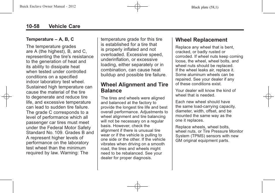 Wheel alignment and tire balance, Wheel replacement, Wheel alignment and tire | Balance -58, Wheel replacement -58 | Buick 2012 Enclave User Manual | Page 370 / 474