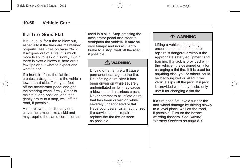 If a tire goes flat, If a tire goes flat -60 | Buick 2012 Enclave User Manual | Page 372 / 474