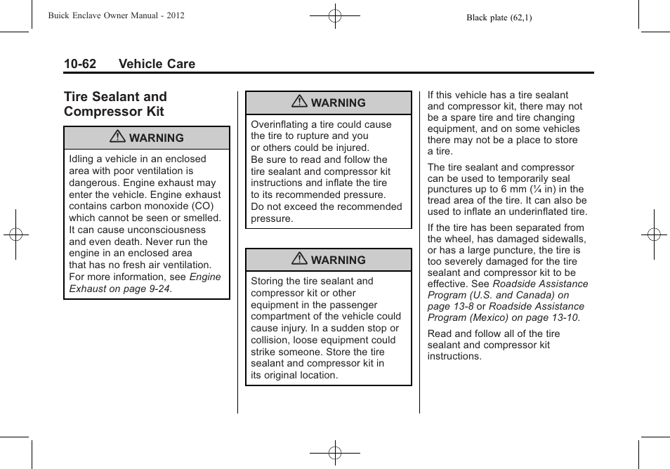 Tire sealant and compressor kit, Tire sealant and, Compressor kit -62 | Buick 2012 Enclave User Manual | Page 374 / 474