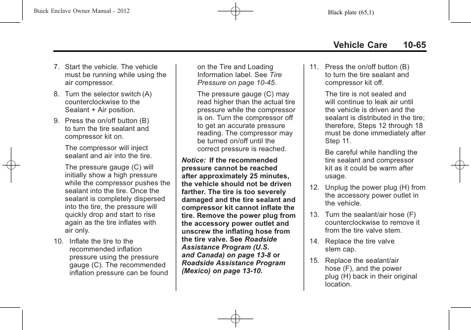 Vehicle care 10-65 | Buick 2012 Enclave User Manual | Page 377 / 474