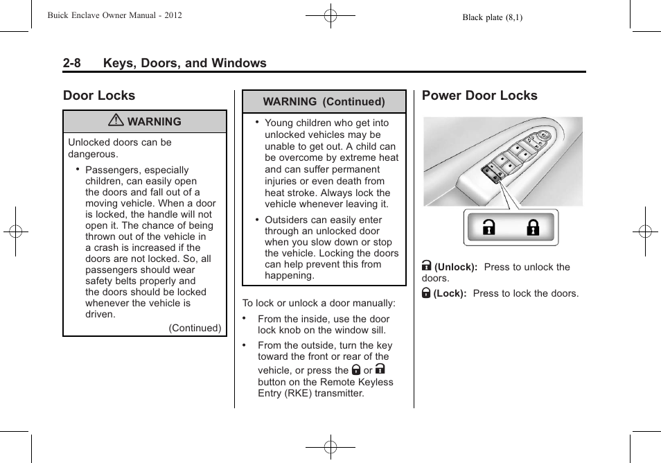 Door locks, Power door locks, Door locks -8 power door locks -8 | Power door locks k | Buick 2012 Enclave User Manual | Page 38 / 474