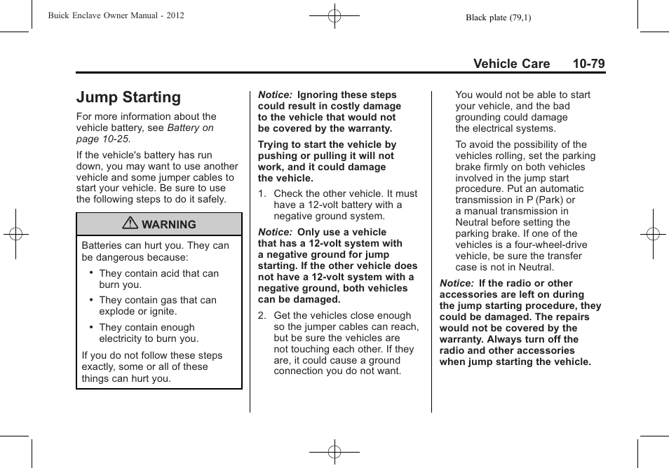 Jump starting, Jump starting -79, Vehicle care 10-79 | Buick 2012 Enclave User Manual | Page 391 / 474