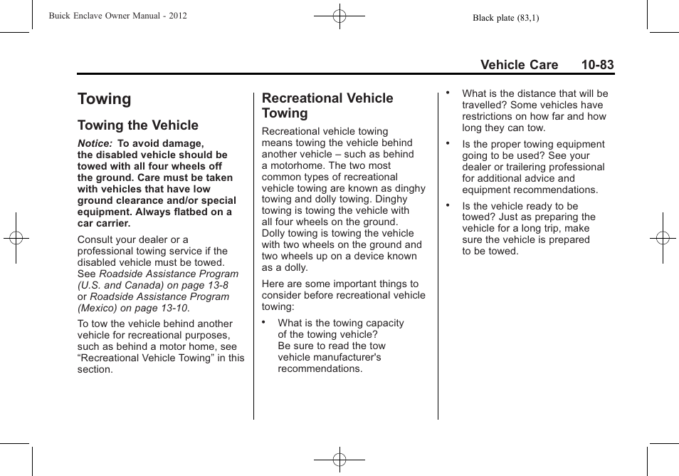 Towing, Towing the vehicle, Recreational vehicle towing | Towing -83, Privacy, Towing the vehicle -83 recreational vehicle, Vehicle care 10-83 | Buick 2012 Enclave User Manual | Page 395 / 474