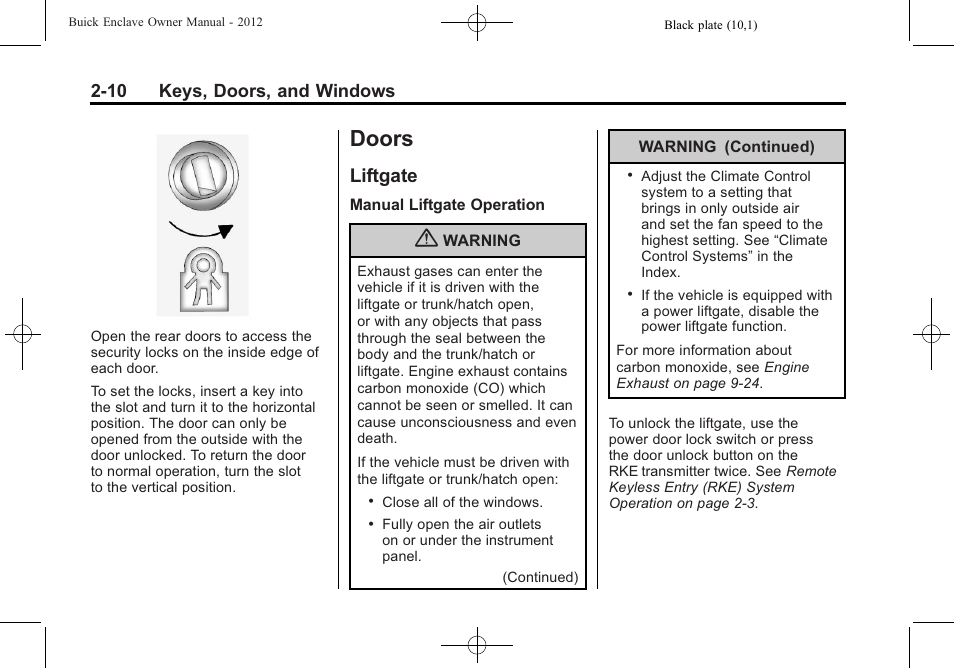 Doors, Liftgate, Doors -10 | Vehicle, Liftgate -10, Automatic, 10 keys, doors, and windows | Buick 2012 Enclave User Manual | Page 40 / 474