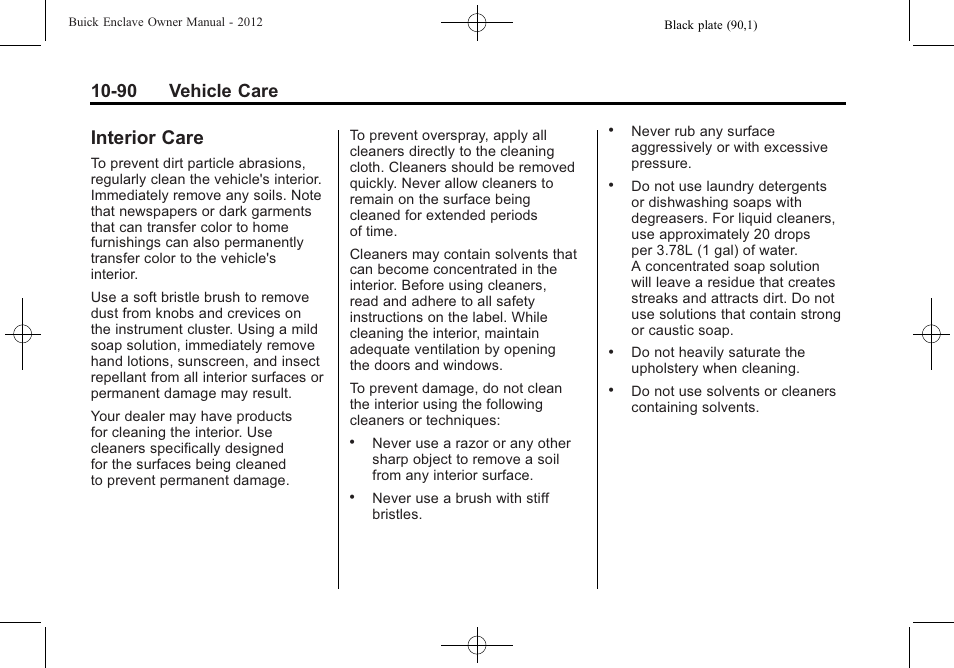 Interior care, Interior care -90, 90 vehicle care | Buick 2012 Enclave User Manual | Page 402 / 474