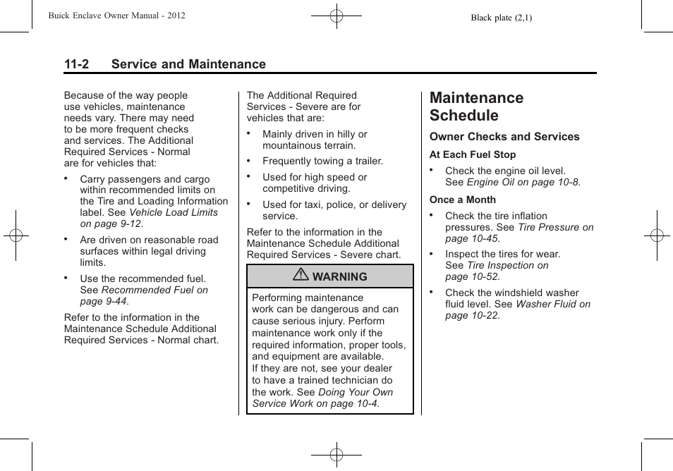 Maintenance schedule, Maintenance schedule -2, Also help | 2 service and maintenance | Buick 2012 Enclave User Manual | Page 408 / 474
