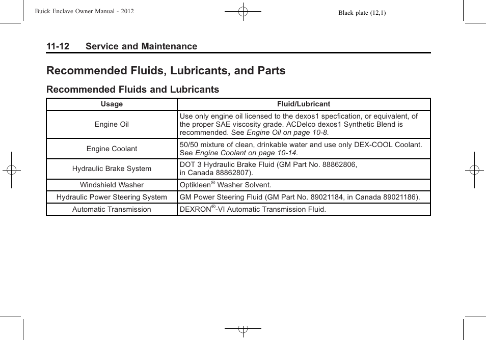 Recommended fluids, lubricants, and parts, Recommended fluids and lubricants, Recommended fluids | Lubricants, and parts -12, Recommended fluids and, Lubricants -12, 12 service and maintenance | Buick 2012 Enclave User Manual | Page 418 / 474