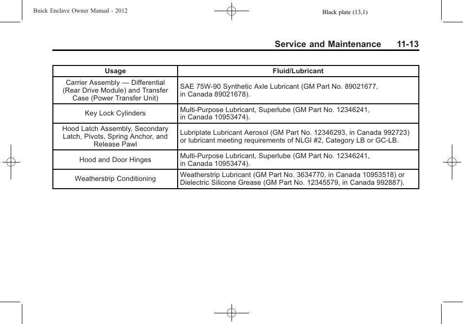 Service and maintenance 11-13 | Buick 2012 Enclave User Manual | Page 419 / 474