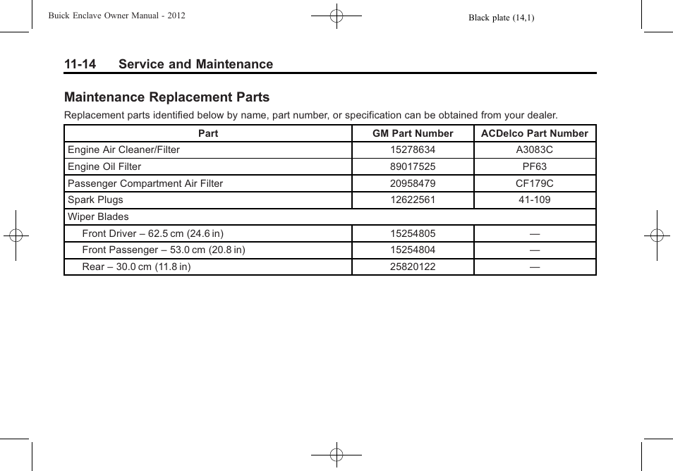 Maintenance replacement parts, Maintenance replacement, Parts -14 | 14 service and maintenance | Buick 2012 Enclave User Manual | Page 420 / 474