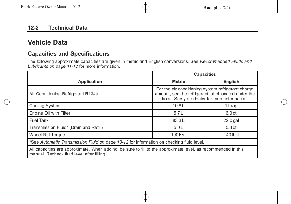 Vehicle data, Capacities and specifications, Capacities and | Specifications -2, 2 technical data | Buick 2012 Enclave User Manual | Page 426 / 474