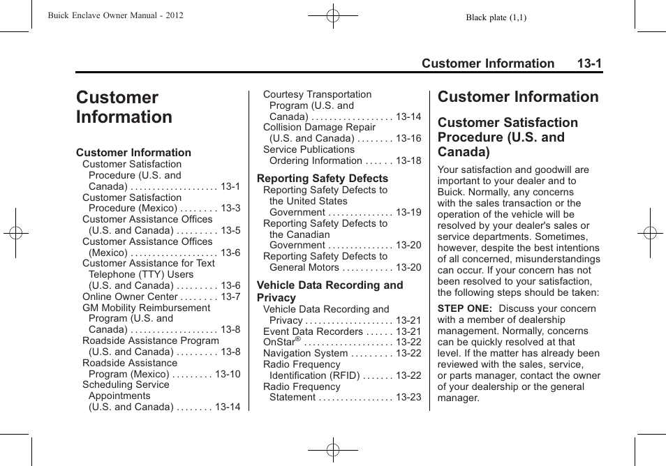 Customer information, Customer satisfaction procedure (u.s. and canada), Information -1 | Customer information 13-1 | Buick 2012 Enclave User Manual | Page 429 / 474