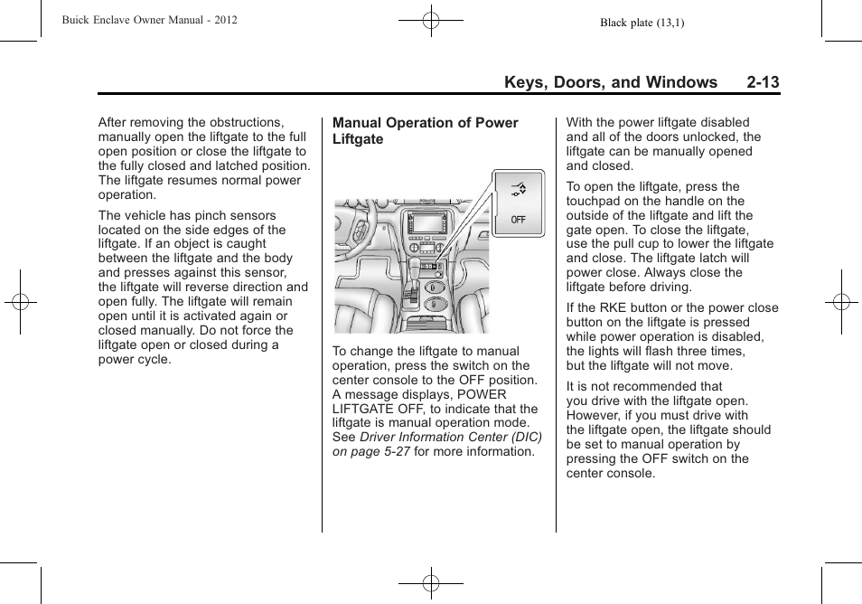 Keys, doors, and windows 2-13 | Buick 2012 Enclave User Manual | Page 43 / 474