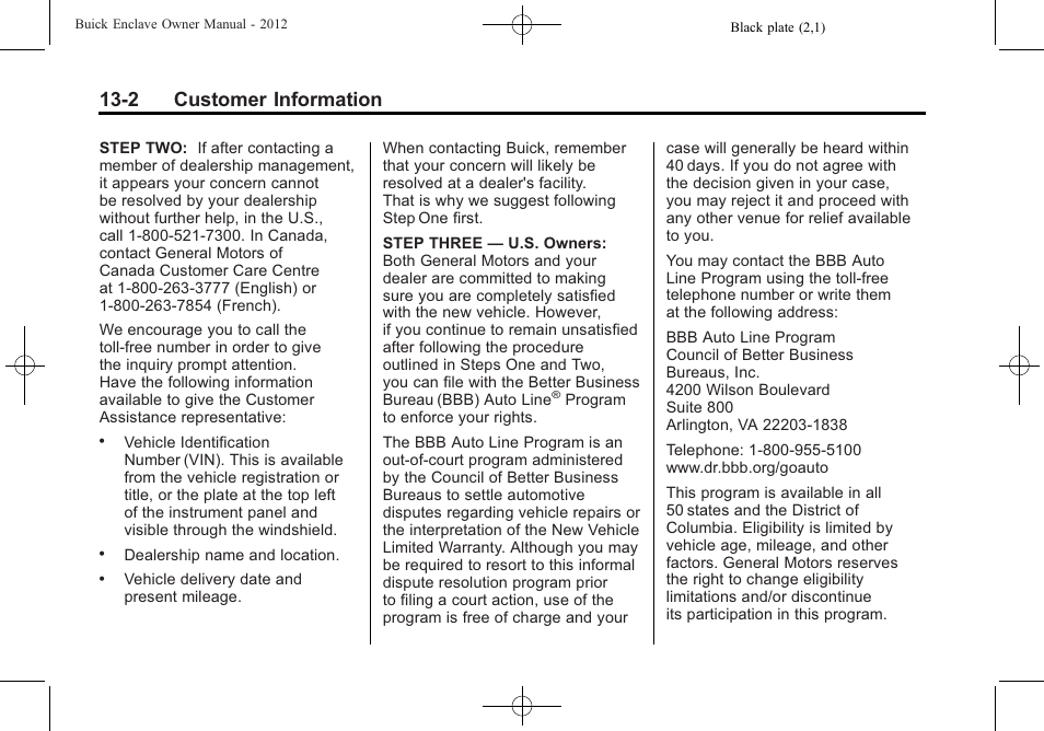 2 customer information | Buick 2012 Enclave User Manual | Page 430 / 474