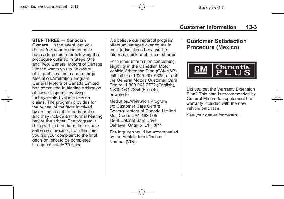 Customer satisfaction procedure (mexico), Customer satisfaction, Procedure (mexico) -3 | Buick 2012 Enclave User Manual | Page 431 / 474