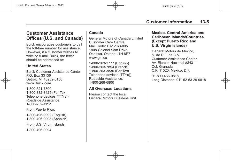 Customer assistance offices (u.s. and canada), Customer assistance offices, U.s. and canada) -5 | Buick 2012 Enclave User Manual | Page 433 / 474