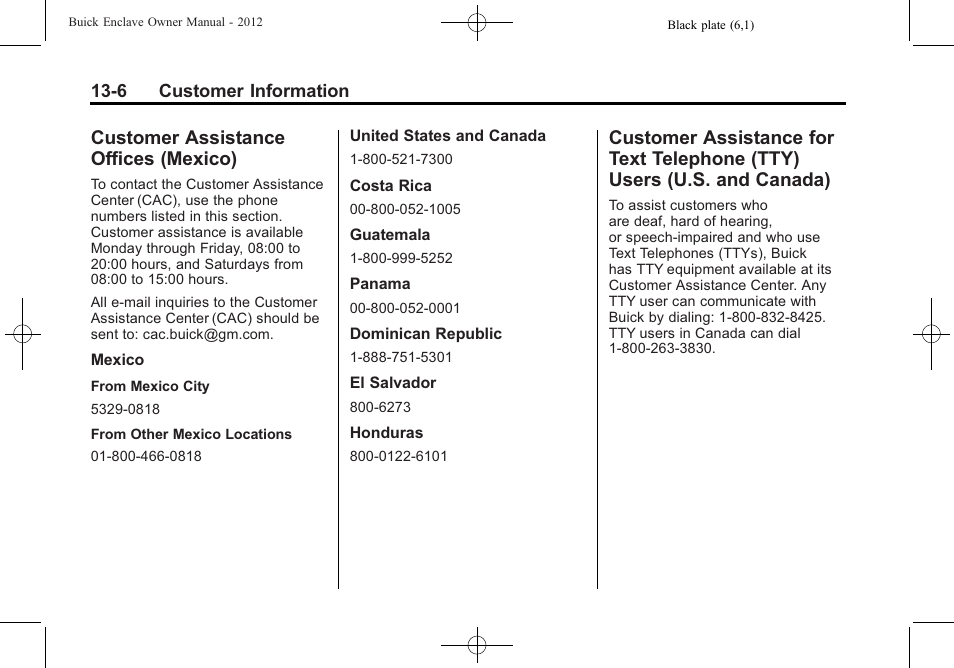 Customer assistance offices (mexico), Customer assistance offices, Mexico) -6 | Customer assistance for text, Telephone (tty) users (u.s. and canada) -6, Reporting safety | Buick 2012 Enclave User Manual | Page 434 / 474