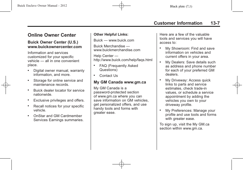 Online owner center, Online owner center -7, Privacy | Customer information 13-7 | Buick 2012 Enclave User Manual | Page 435 / 474