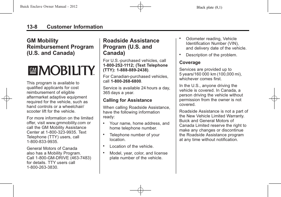 Roadside assistance program (u.s. and canada), Gm mobility reimbursement, Program (u.s. and canada) -8 | Roadside assistance program, U.s. and canada) -8, Navigation, 8 customer information | Buick 2012 Enclave User Manual | Page 436 / 474