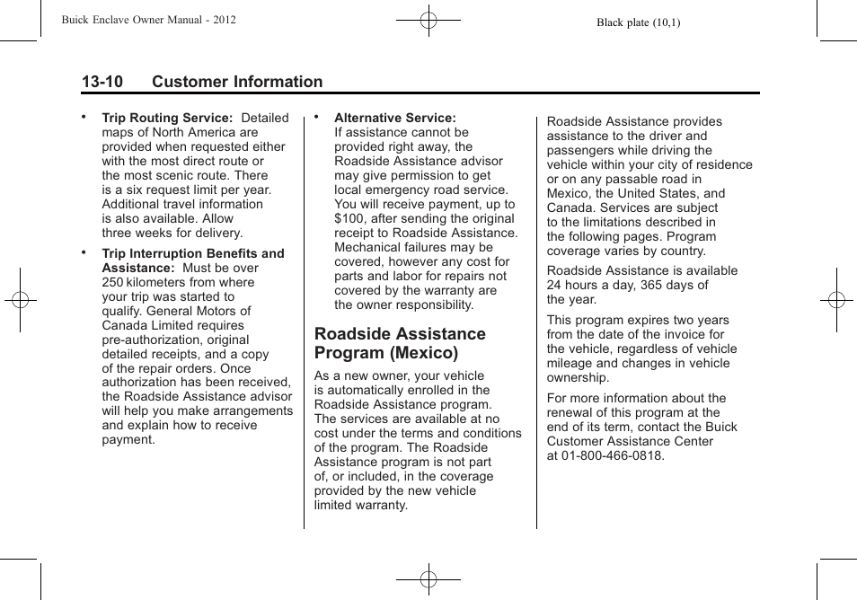 Roadside assistance program (mexico), Roadside assistance, Program (mexico) -10 | 10 customer information | Buick 2012 Enclave User Manual | Page 438 / 474