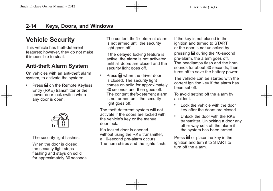 Vehicle security, Anti-theft alarm system, Vehicle security -14 | Vehicle, Vehicle security -14 anti-theft alarm system -14, 14 keys, doors, and windows | Buick 2012 Enclave User Manual | Page 44 / 474