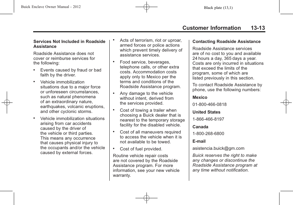 Customer information 13-13 | Buick 2012 Enclave User Manual | Page 441 / 474