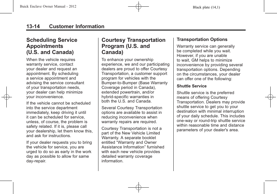 Scheduling service appointments (u.s. and canada), Courtesy transportation program (u.s. and canada), Scheduling service | Appointments (u.s. and canada) -14, Courtesy transportation, Program (u.s. and canada) -14 | Buick 2012 Enclave User Manual | Page 442 / 474