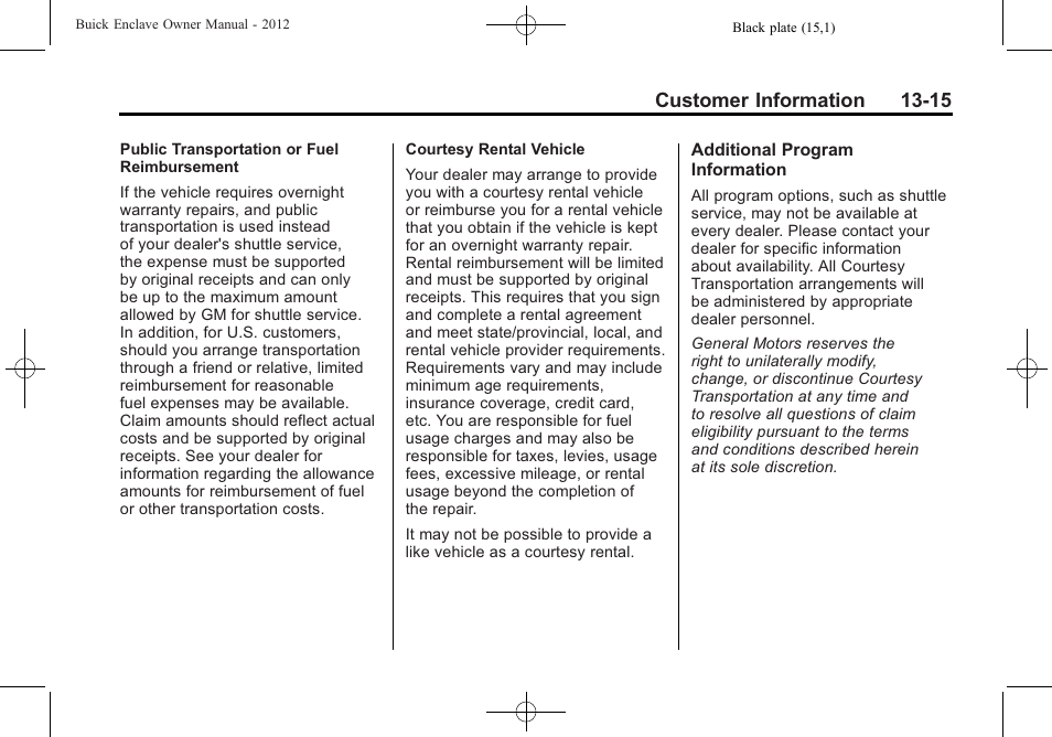 Customer information 13-15 | Buick 2012 Enclave User Manual | Page 443 / 474