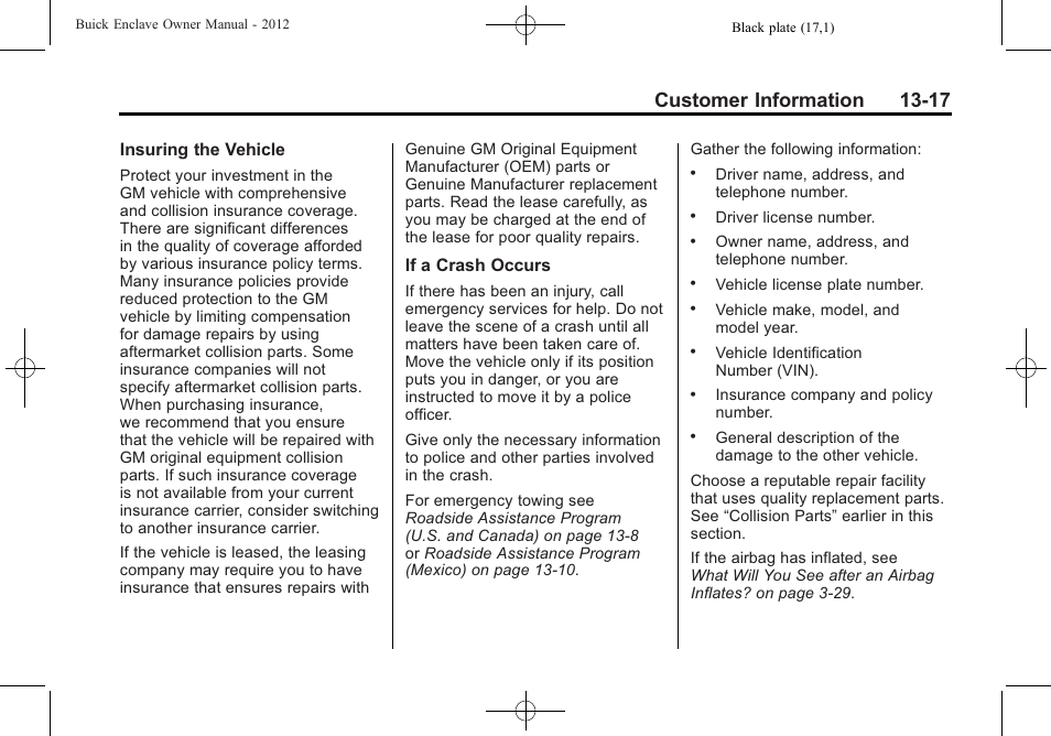 Customer information 13-17 | Buick 2012 Enclave User Manual | Page 445 / 474