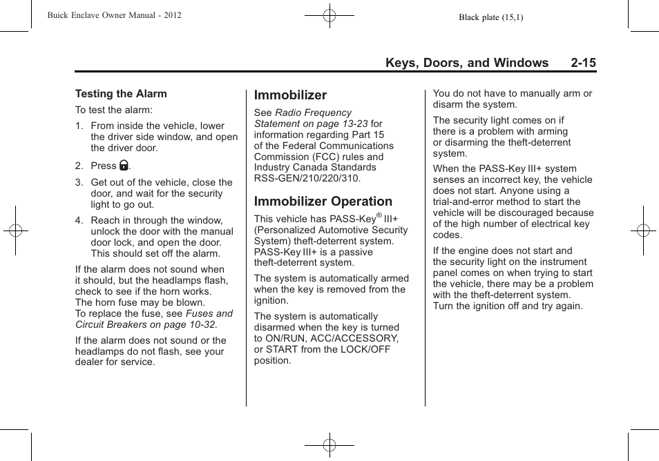 Immobilizer, Immobilizer operation, Immobilizer -15 immobilizer operation -15 | Keys, doors, and windows 2-15 | Buick 2012 Enclave User Manual | Page 45 / 474