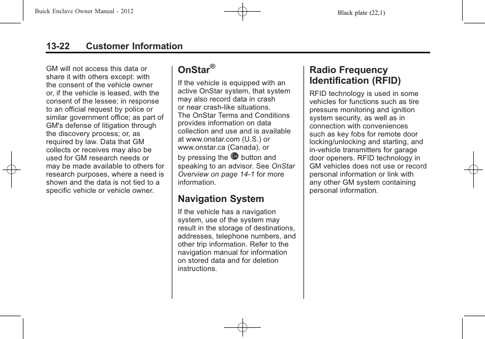 Onstar, Navigation system, Radio frequency identification (rfid) | System -22 radio frequency, Identification (rfid) -22 | Buick 2012 Enclave User Manual | Page 450 / 474