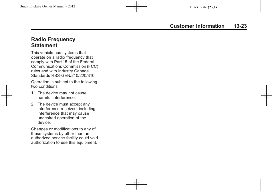 Radio frequency statement, Radio frequency, Statement -23 | Buick 2012 Enclave User Manual | Page 451 / 474