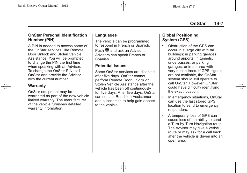 Onstar 14-7 | Buick 2012 Enclave User Manual | Page 459 / 474