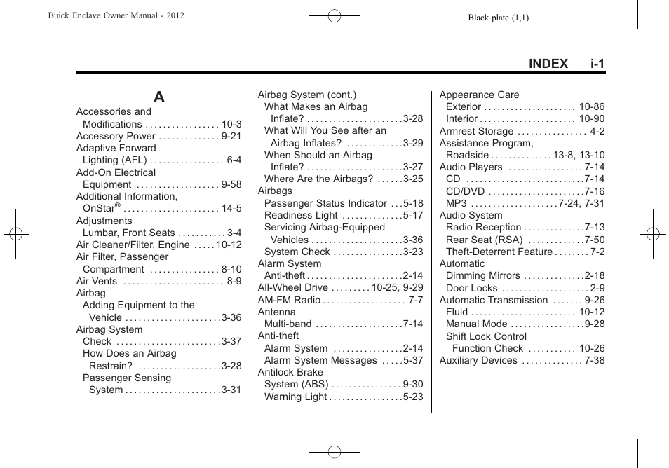 Index, Index_a, Index i-1 | Buick 2012 Enclave User Manual | Page 461 / 474