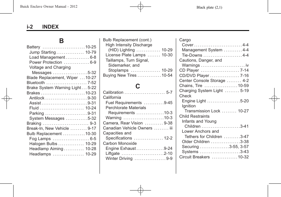 Index_b, Index_c, I-2 index | Buick 2012 Enclave User Manual | Page 462 / 474