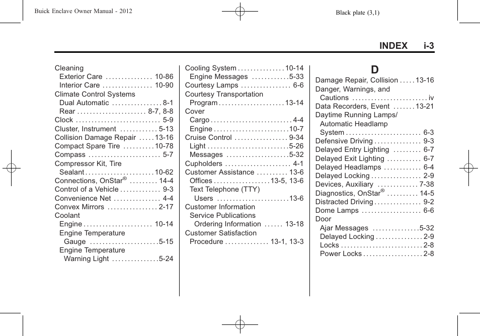Index_d, Index i-3 | Buick 2012 Enclave User Manual | Page 463 / 474