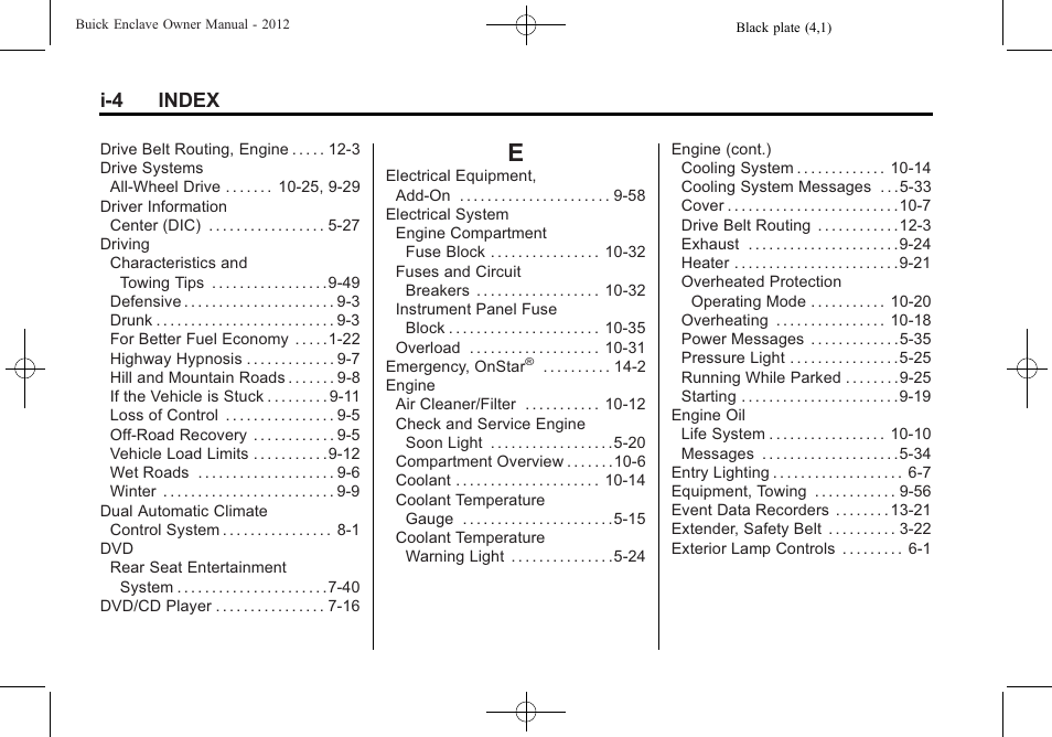 Index_e, I-4 index | Buick 2012 Enclave User Manual | Page 464 / 474