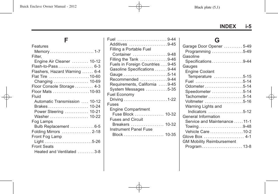 Index_f, Index_g, Index i-5 | Buick 2012 Enclave User Manual | Page 465 / 474