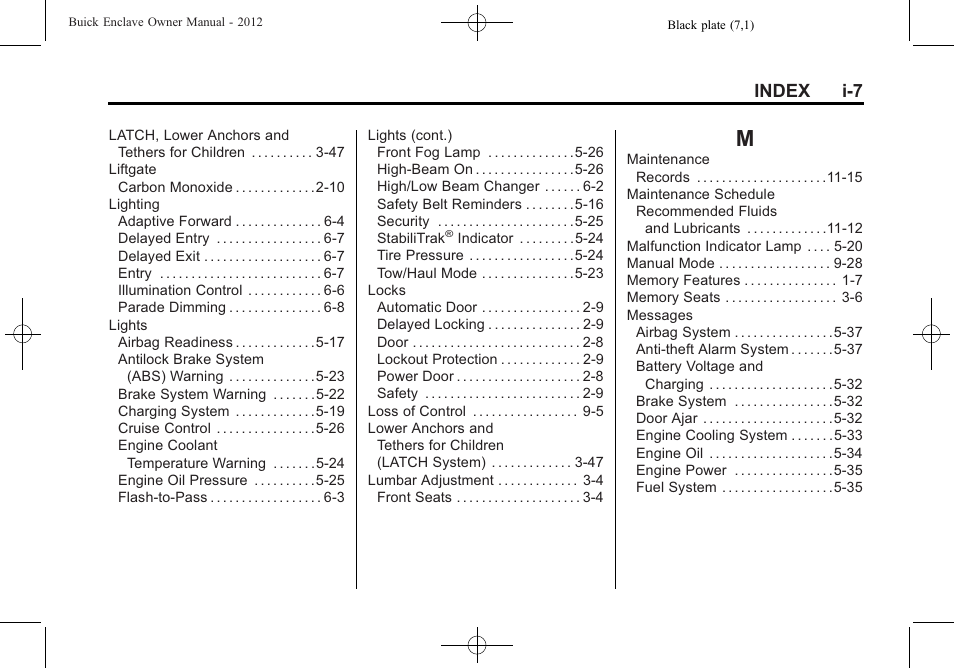 Index_m, Index i-7 | Buick 2012 Enclave User Manual | Page 467 / 474