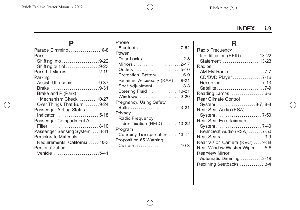 Index_p, Index_r, Index i-9 | Buick 2012 Enclave User Manual | Page 469 / 474