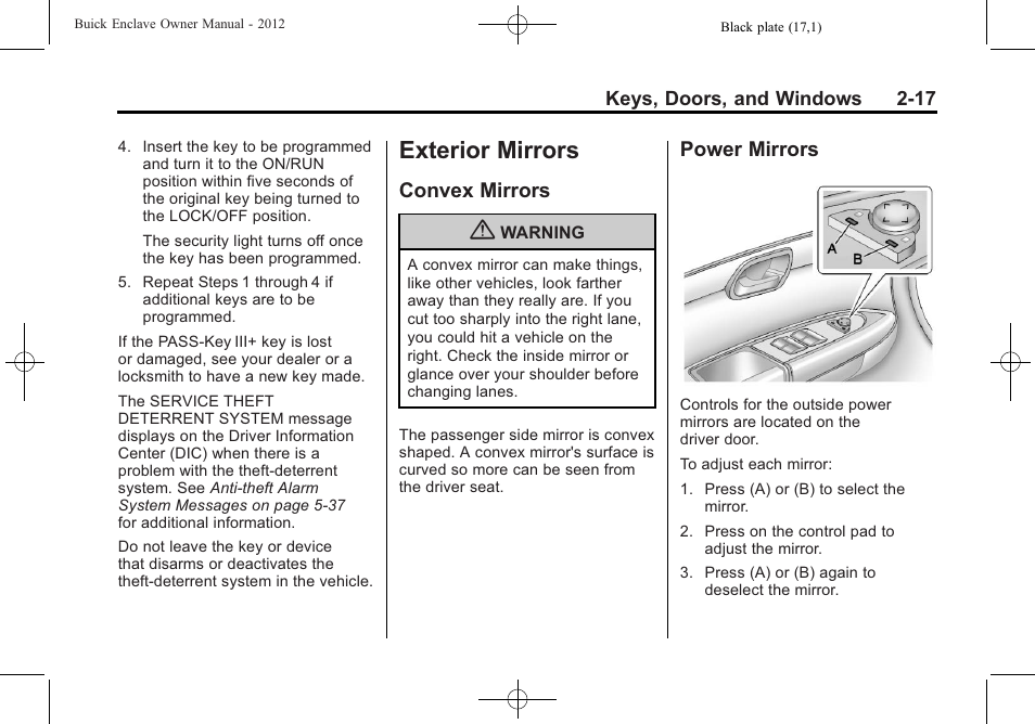 Exterior mirrors, Convex mirrors, Power mirrors | Exterior mirrors -17, Universal remote, Convex mirrors -17, Mirrors -17 | Buick 2012 Enclave User Manual | Page 47 / 474