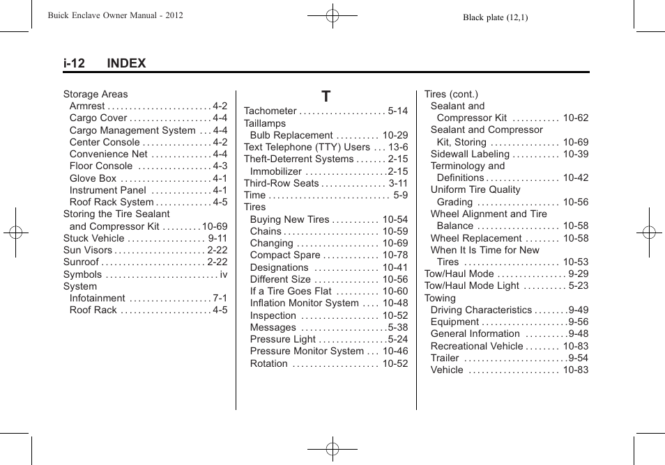 Index_t, I-12 index | Buick 2012 Enclave User Manual | Page 472 / 474