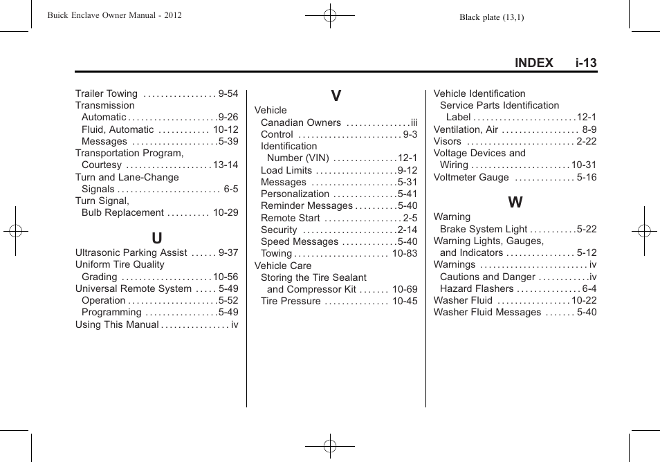 Index_u, Index_v, Index_w | Buick 2012 Enclave User Manual | Page 473 / 474